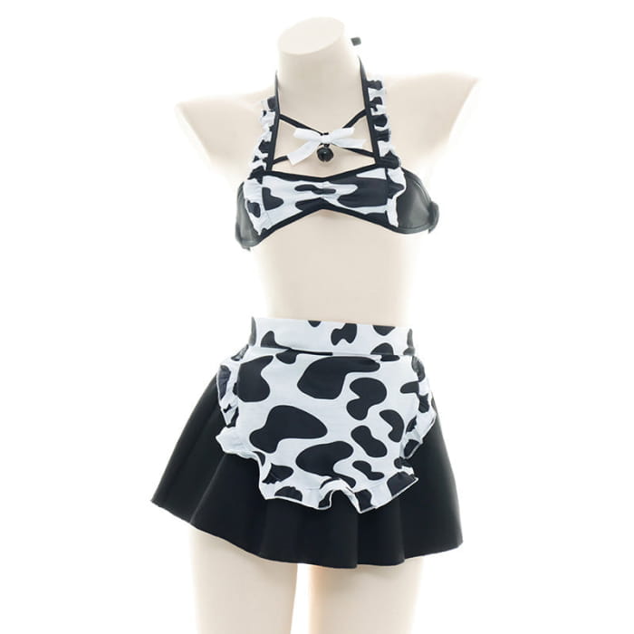 Sexy Maid Cow Print Lingerie Suit - Black / One size