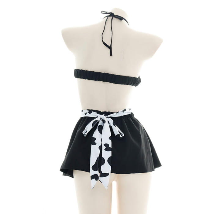 Sexy Maid Cow Print Lingerie Suit - Black / One size