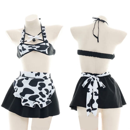 Sexy Maid Cow Print Lingerie Suit - Black / One size