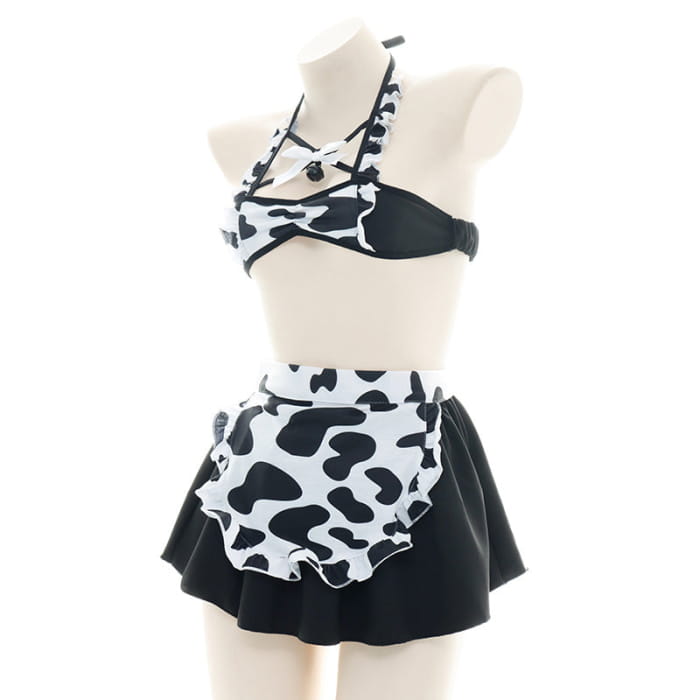 Sexy Maid Cow Print Lingerie Suit - Black / One size