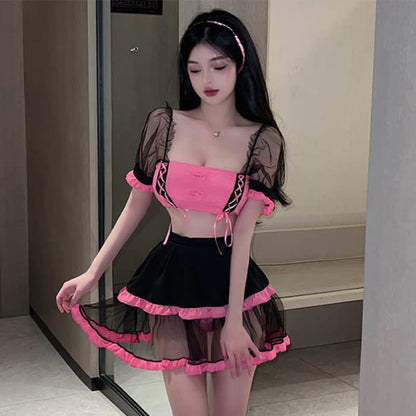 Sexy Pink Maid Tulle Lace Up Lingerie Set