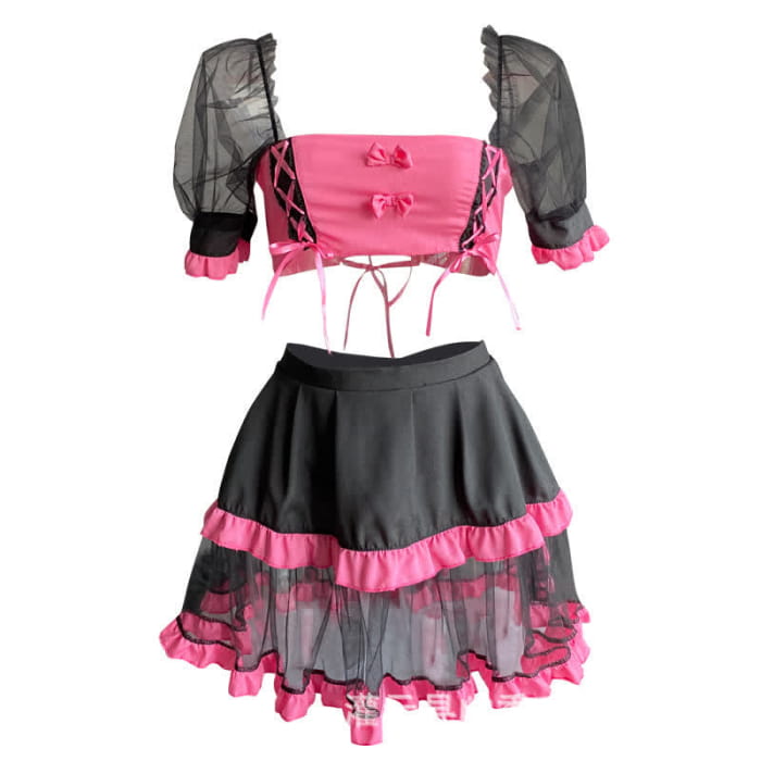 Sexy Pink Maid Tulle Lace Up Lingerie Set