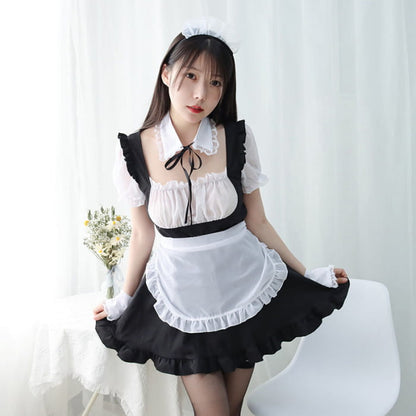 Sexy Ruffle Maid Dress Nightdress Lingerie Set - Black / S