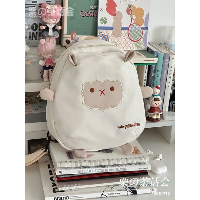 Sheep Embroidered Backpack / Bag Charm / Set - White