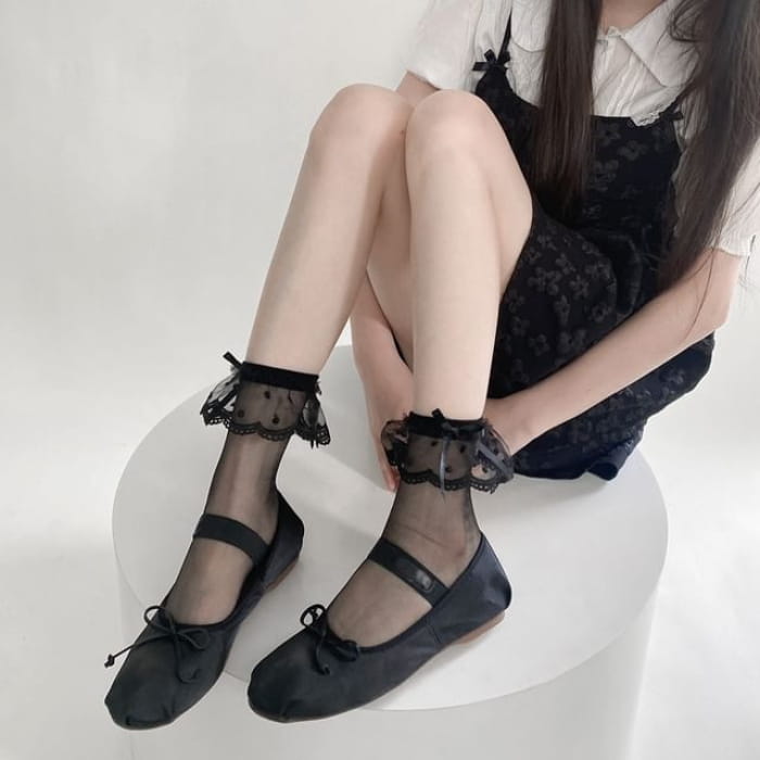 Sheer Socks - Lace - Bow - Black / One Size