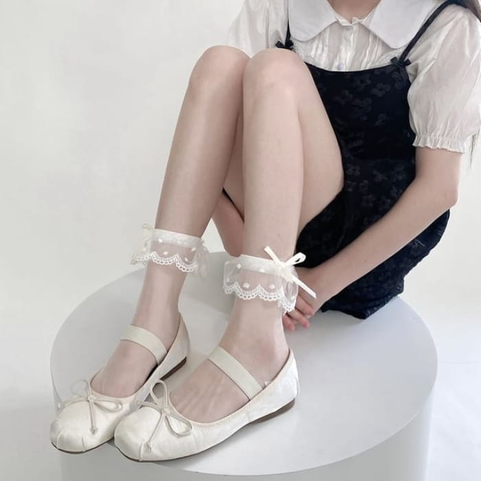 Sheer Socks - Lace - Bow - White / One Size