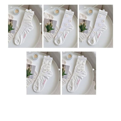 Sheer Socks Set - 5 Pair - Wavy & 2 Flower Circle - White