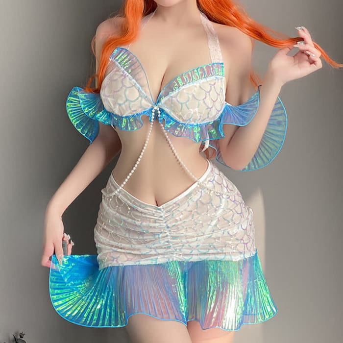 Shining Mermaid Pearl Decor Lingerie Set - Blue / One Size