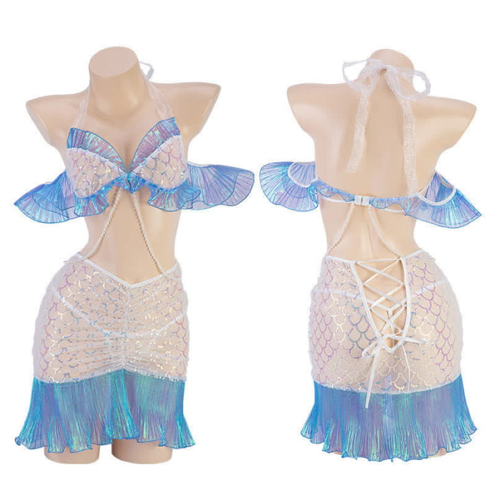 Shining Mermaid Pearl Decor Lingerie Set - Blue / One Size