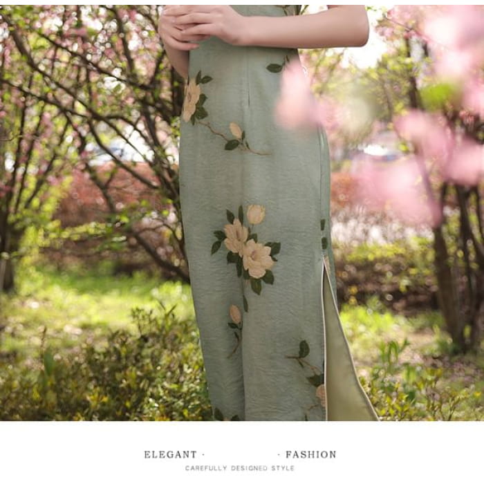 Short-Sleeve Band Collar Floral Midi Qipao - Clothing