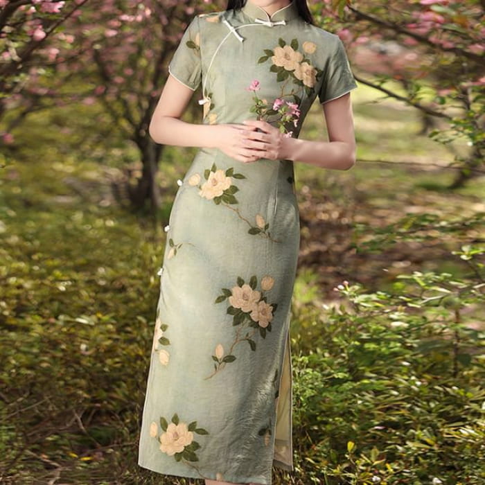 Short-Sleeve Band Collar Floral Midi Qipao - Green / S