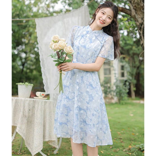 Short-Sleeve Band Collar Floral Print Midi A-Line Dress