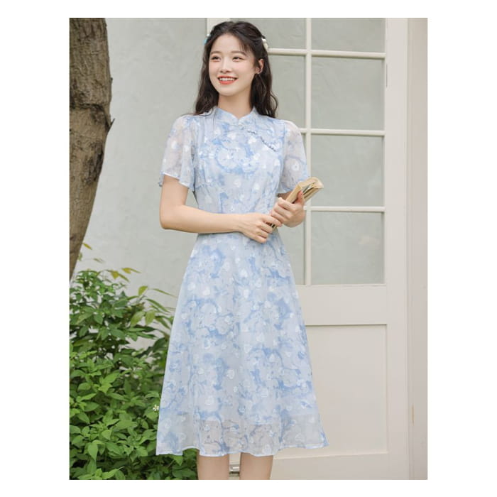 Short-Sleeve Band Collar Floral Print Midi A-Line Dress