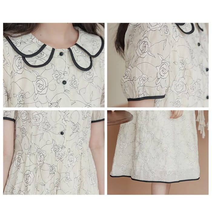 Short-Sleeve Collar Floral Midi A-Line Dress