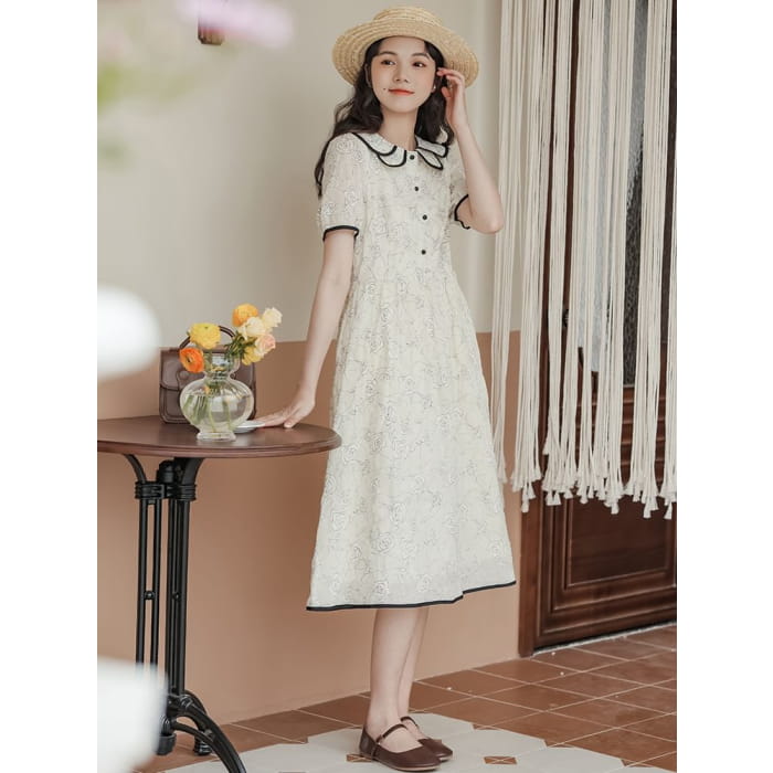 Short-Sleeve Collar Floral Midi A-Line Dress