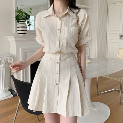 Short-Sleeve Collared Pinstriped Mini Shirt Dress