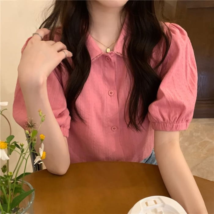 Short-Sleeve Collared Plain Blouse