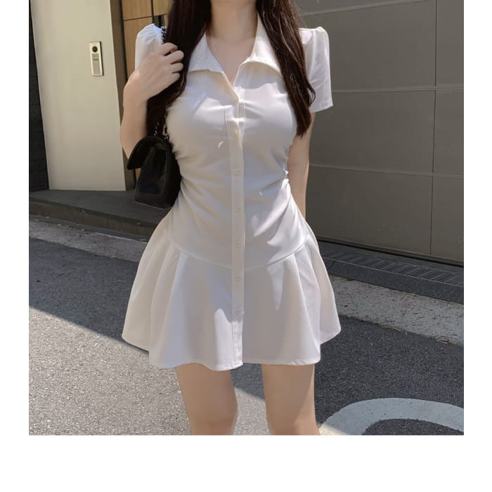 Short-Sleeve Collared Plain Mini Shirt Dress