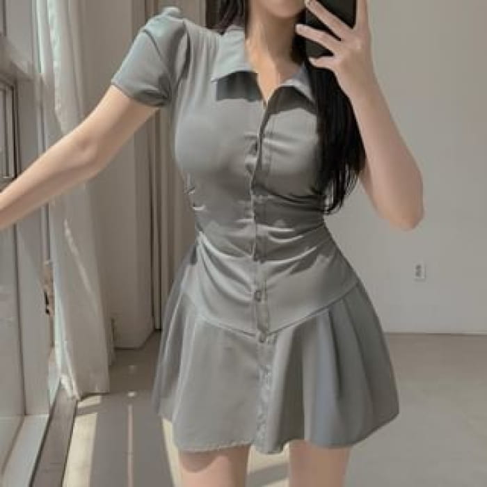 Short-Sleeve Collared Plain Mini Shirt Dress - Gray