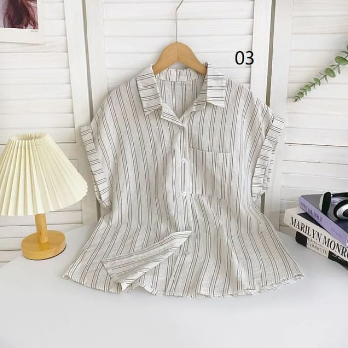 Short-Sleeve Collared Striped Shirt - 03 - Stripes - White