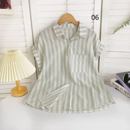 Short-Sleeve Collared Striped Shirt - 06 - Stripes - Green