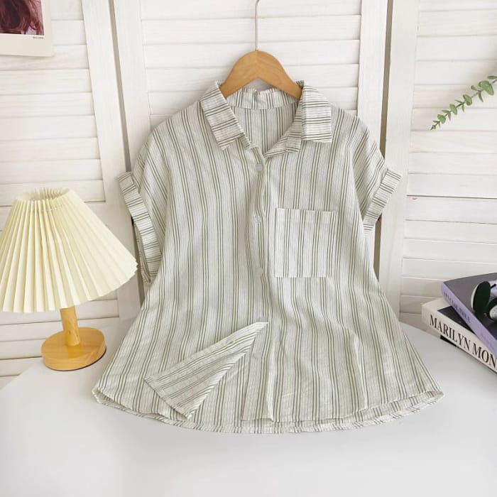 Short-Sleeve Collared Striped Shirt