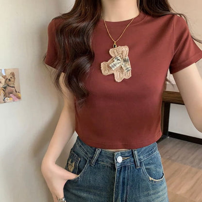 Short-Sleeve Crew Neck Bear Embroidered Cropped T-Shirt