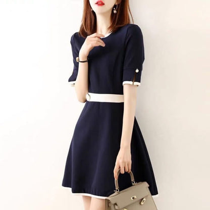 Short-Sleeve Crew Neck Contrast Trim Mini A-Line Dress