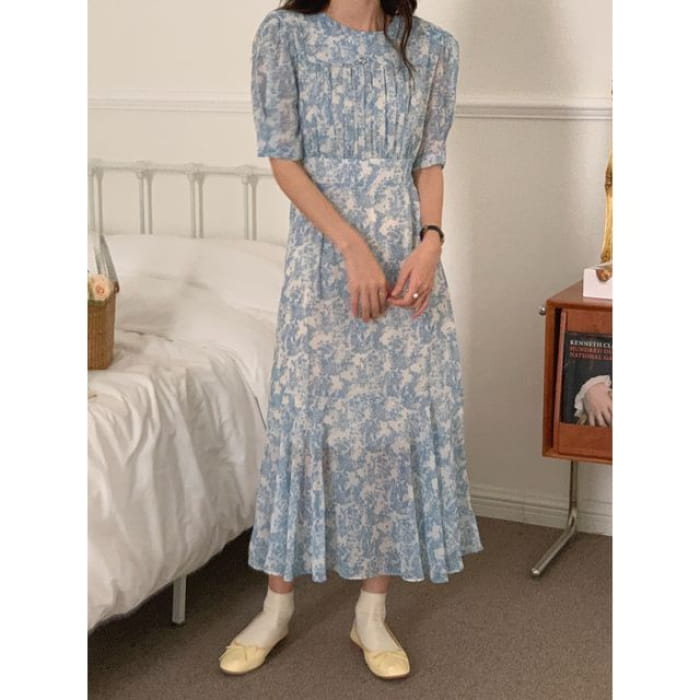 Short-Sleeve Crew Neck Floral Print Ruched Midi A-Line Dress