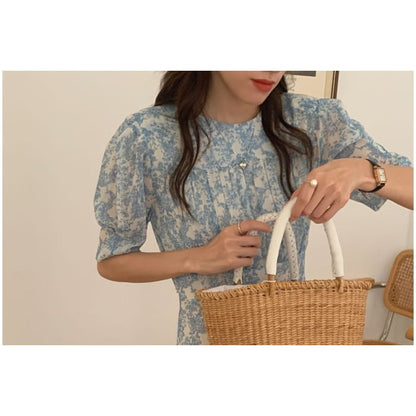 Short-Sleeve Crew Neck Floral Print Ruched Midi A-Line Dress