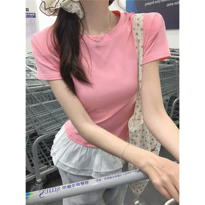 Short-Sleeve Crew Neck Peplum Slim Fit Tee - Pink / M