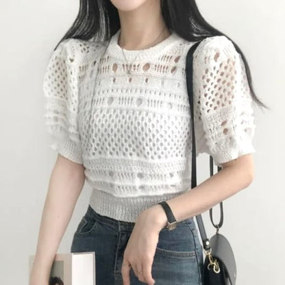 Short-Sleeve Crew Neck Plain Pointelle Knit Top