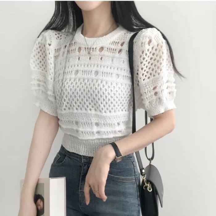 Short-Sleeve Crew Neck Plain Pointelle Knit Top