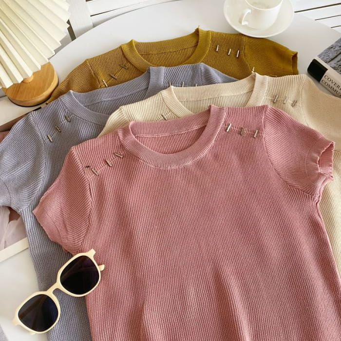 Short-Sleeve Crewneck Plain Knit Top