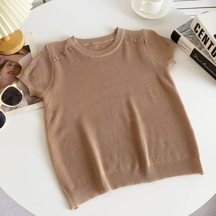 Short-Sleeve Crewneck Plain Knit Top - Khaki / One Size