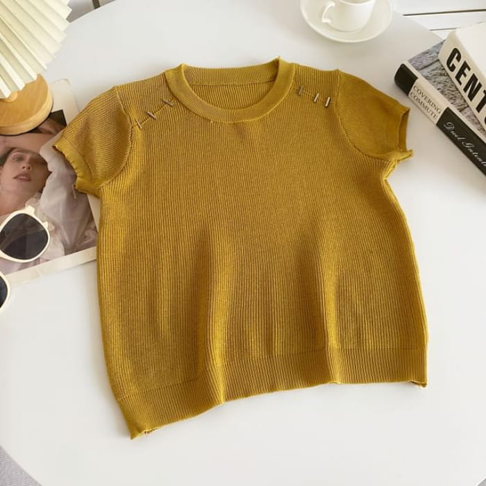 Short-Sleeve Crewneck Plain Knit Top - Yellow / One Size