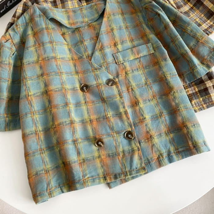 Short-Sleeve Double Breasted Plaid Shirt