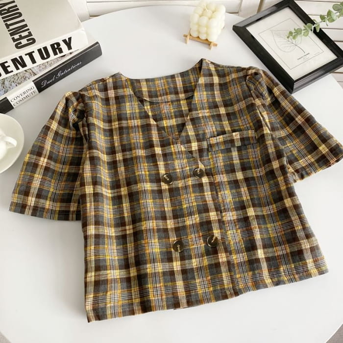 Short-Sleeve Double Breasted Plaid Shirt