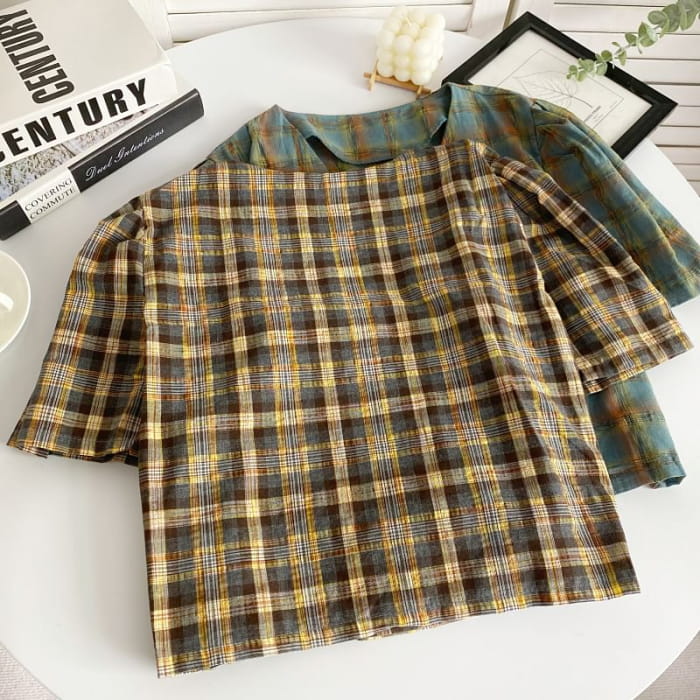 Short-Sleeve Double Breasted Plaid Shirt