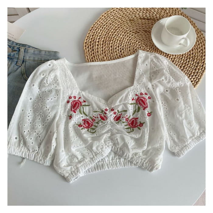 Short-Sleeve Embroidered Crop Tunic