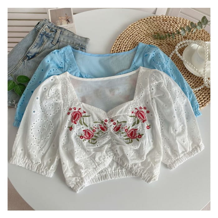 Short-Sleeve Embroidered Crop Tunic