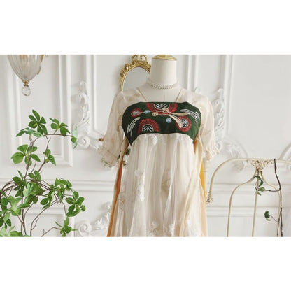 Short-Sleeve Embroidered Panel Mesh Hanfu Dress