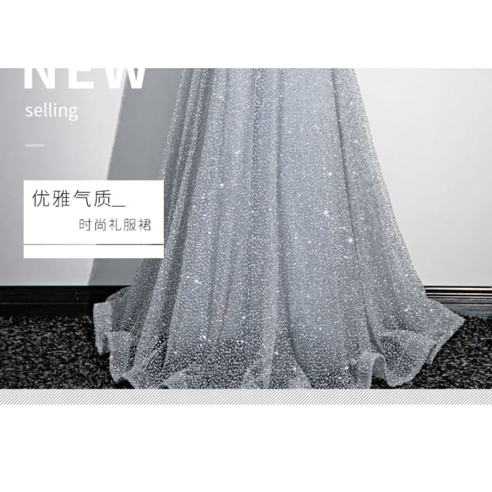 Short-Sleeve Floral Glitter A-Line Evening Gown - Dress