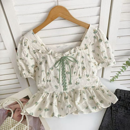 Short-Sleeve Floral Lace-Up Peplum Blouse - Green - Almond