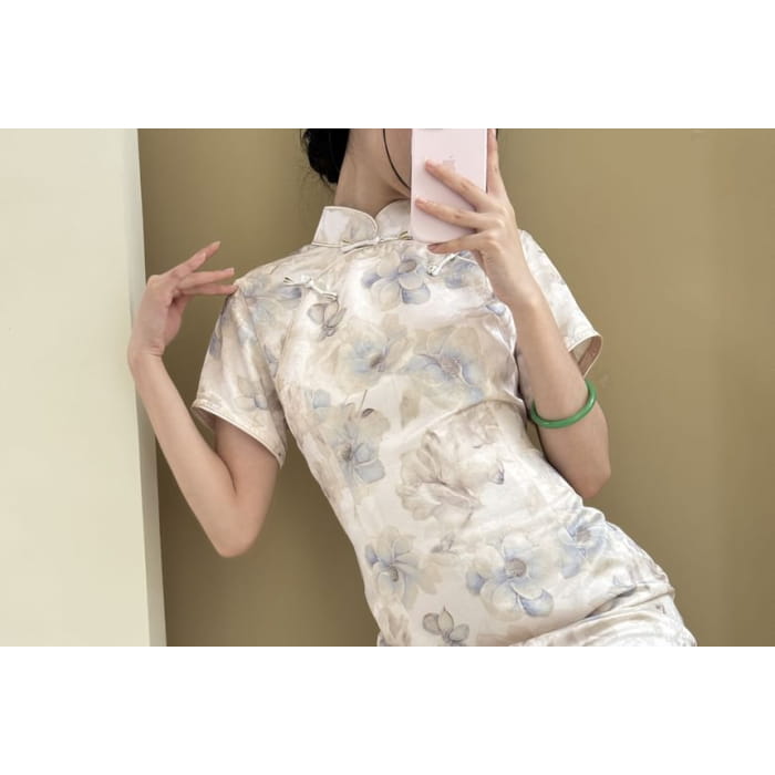 Short-Sleeve Floral Maxi Qipao - Dresses