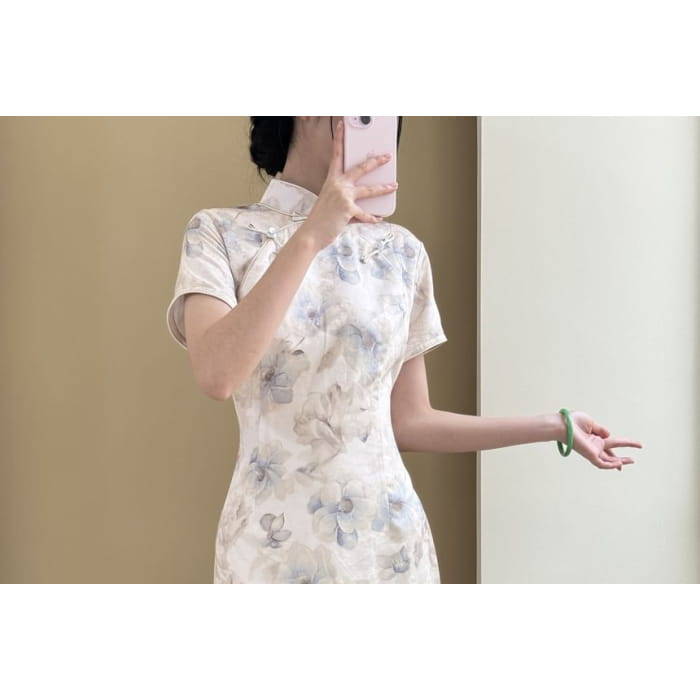 Short-Sleeve Floral Maxi Qipao - Dresses