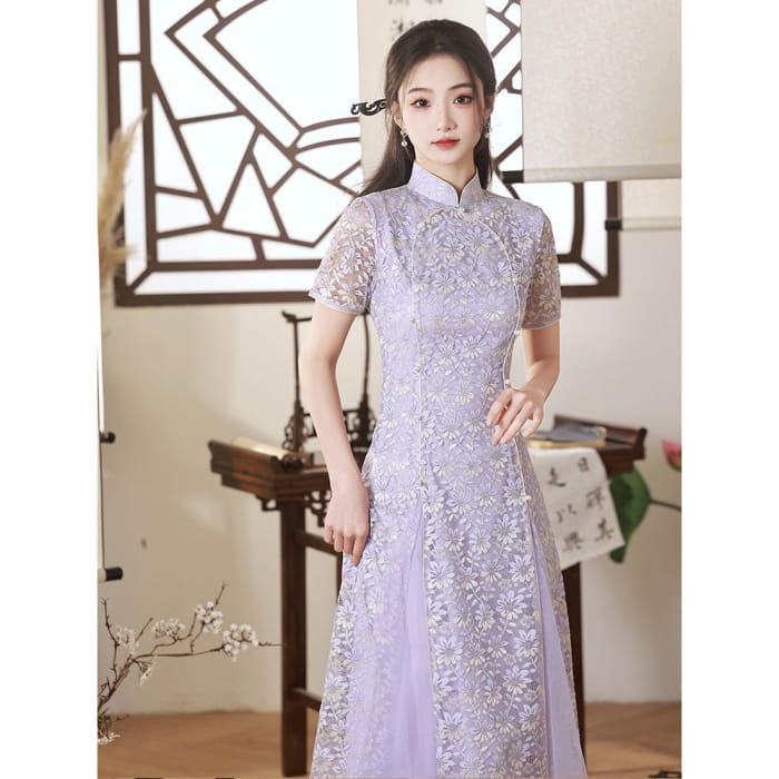 Short-Sleeve Floral Midi Qipao