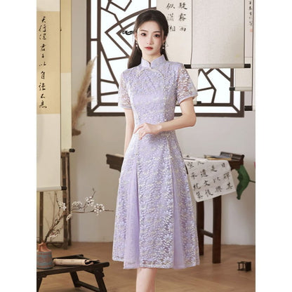 Short-Sleeve Floral Midi Qipao