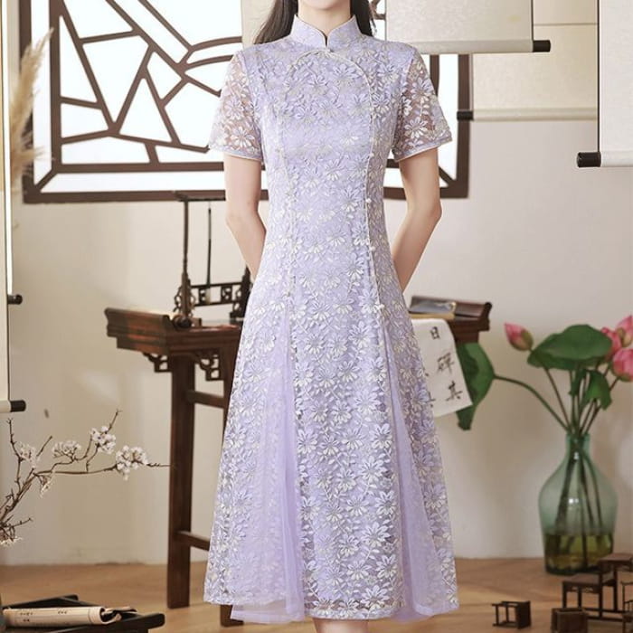 Short-Sleeve Floral Midi Qipao - Purple / S