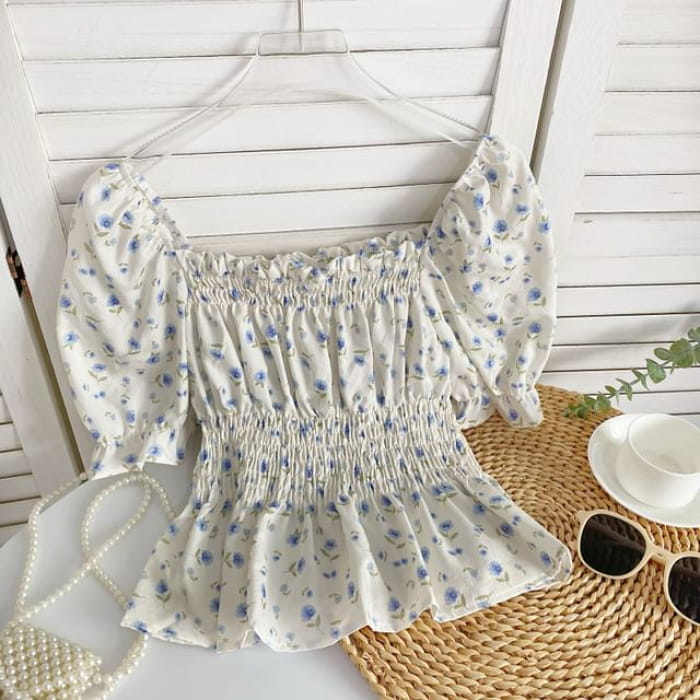 Short-Sleeve Floral Peplum Blouse - Blue - White / One Size